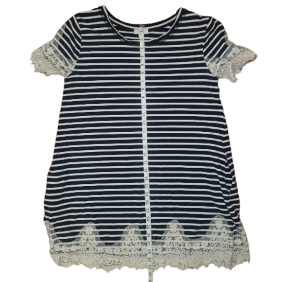 Umgee Black White Stripes Floral Lace Trim Scoopneck Pockets Mini Shift Dress M - Picture 14 of 16